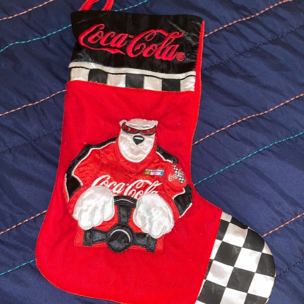 Coca Cola Polar Bear NASCAR Racing Christmas Stocking Checkered Flag